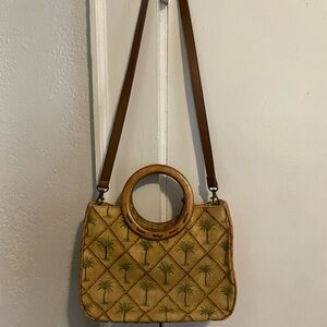 Fossil Palm-Print Tan Shoulder Bag with Wood Ring Handle